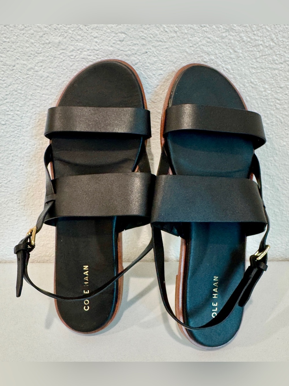 Cole Haan Flynn Black Leather Slingback Flat Sandals Summer Casual Travel 9.5